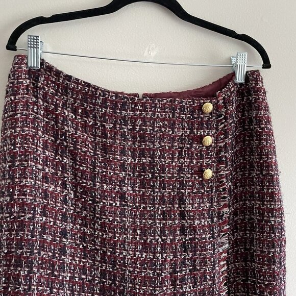 Talbots Women 10 Burgundy Tweed Fringe Hem Button Faux Wrap Pencil Skirt - Picture 6 of 11
